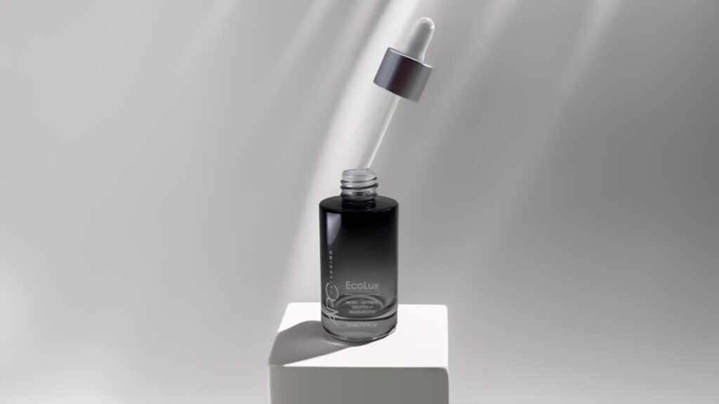 EcoLux features APC Packaging’s patented Mono-Material dropper paired with a heavy glass bottle